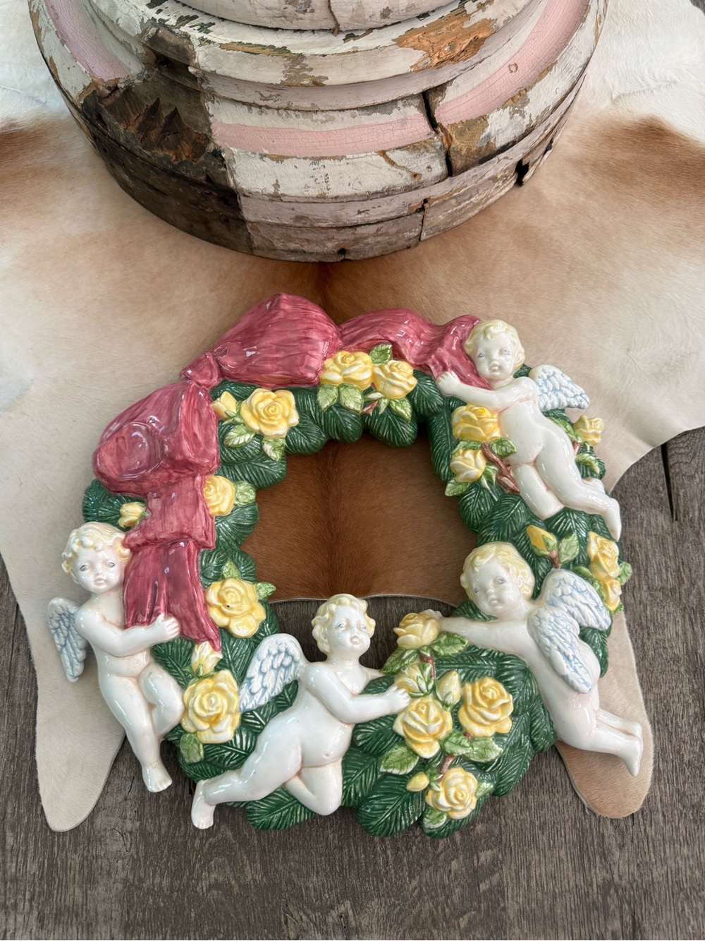 Handmade Ceramic Cherub Angel Wreath Wall Accent - Heavy